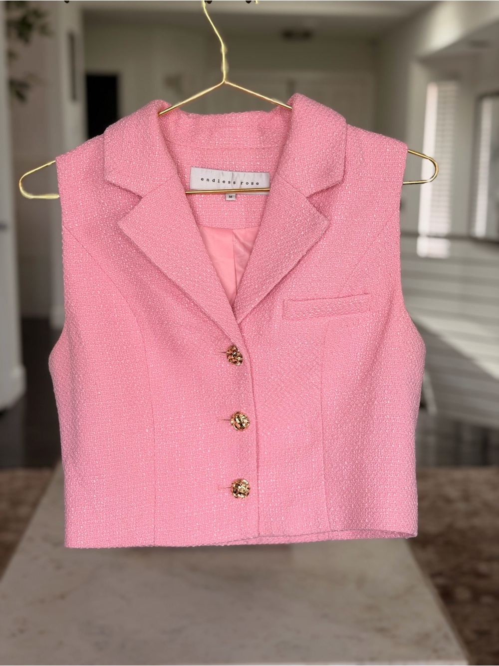 Cropped Pink Bouclé Notch-Lapel Vest with Gold Buttons